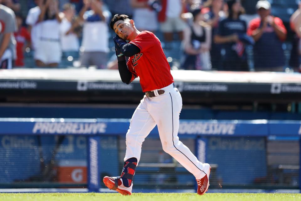 Guardians second baseman Andres Gimenez celebrates as he rounds the bases after hitting a game-winning, two-run home run against the Minnesota Twins during the ninth inning Thursday, June 30, 2022, in Cleveland.