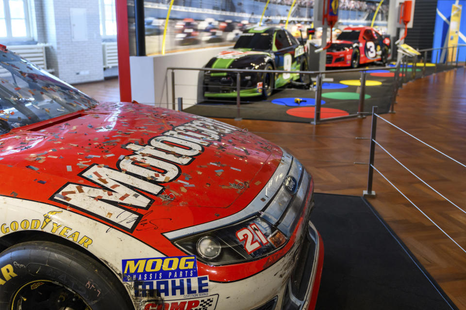 In this image provided by the The Henry Ford, NASCAR driver Trevor Bayne's No. 21 2011 Daytona 500 winning race car is displayed at the Driven To Win exhibit at the The Henry Ford Museum in Dearborn, Mich. (Wes Duenkel/The Henry Ford via AP)