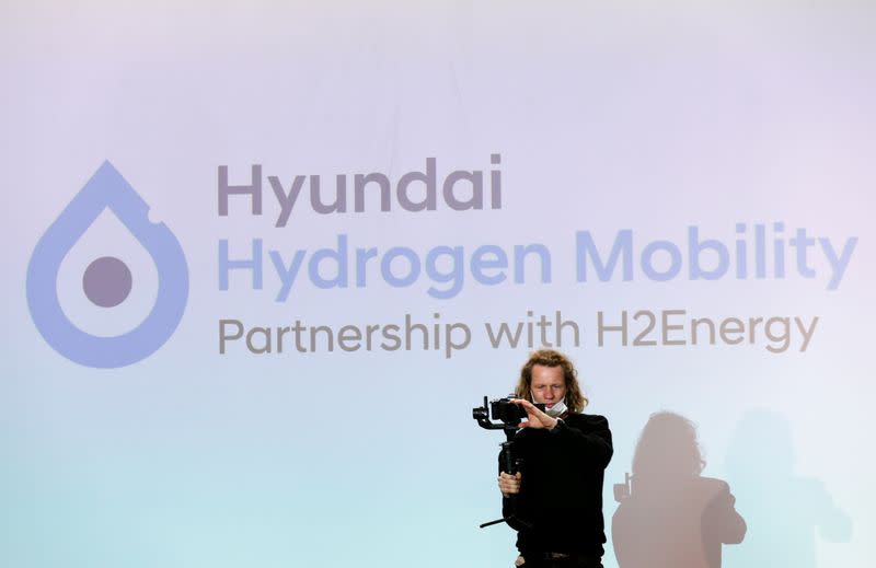 New hydrogen fuel cell truck made by Hyundai is displayed in Luzern