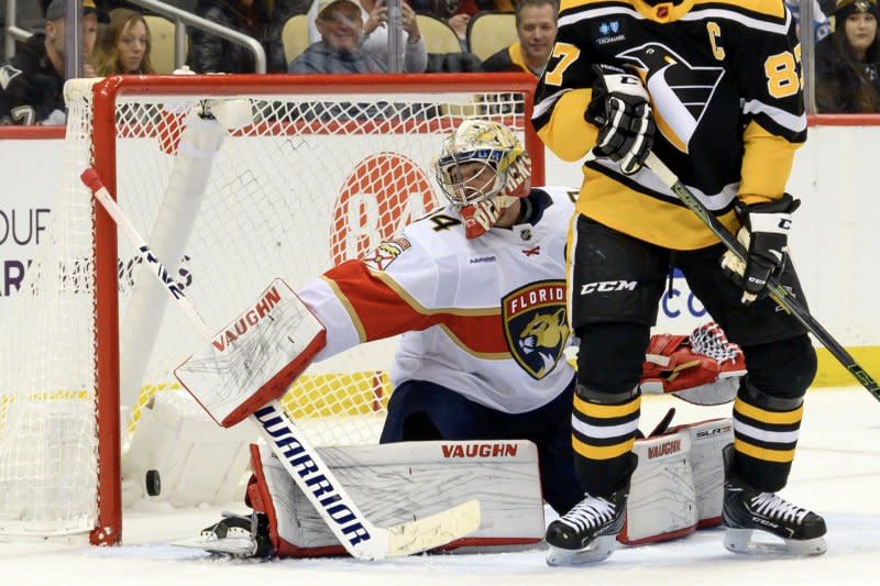 Goaltender Alex Lyon (L) is among the players who left the Florida Panthers this off-season. File Photo by Archie Carpenter/UPI