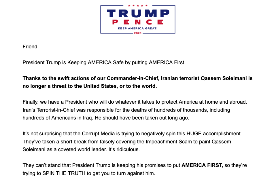 A screengrab showing part of the Trump campaign's email touting Soleimani’s killing. (Yahoo News)