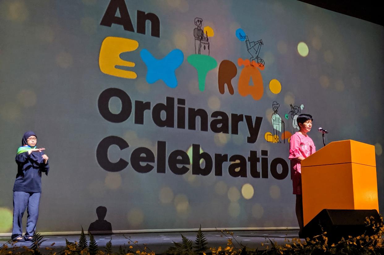 Second Minister for Education Indranee Rajah speaking before the start of the An Extra.Ordinary Celebration concert on 8 November, 2019. (PHOTO: Wong Casandra/Yahoo News Singapore)