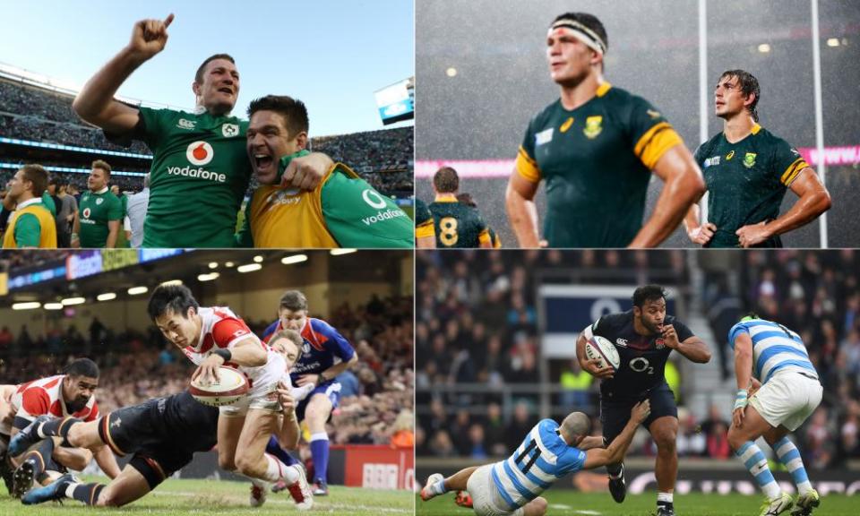 From top left, clockwise: Ireland players celebrate their historic win over New Zealand at Soldier Field, Chicago; South Africa reflect on another defeat; Billy Vunipola on the charge for England; Kenki Fukuoka scores a brilliant try for Japan against Wales.