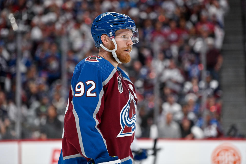 Colorado Avalanche left wing Gabriel Landeskog (92) looks on during the Stanley Cup Final