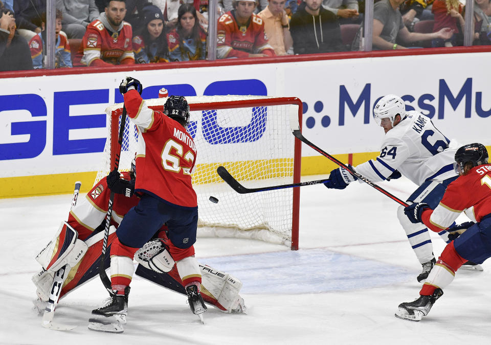 Toronto Maple Leafs center David Kampf watches the puck fly into the net during the second period of Game 3 of an NHL hockey Stanley Cup second-round playoff series against the Florida Panthers, Sunday, May 7, 2023, in Sunrise, Fla. (AP Photo/Michael Laughlin)