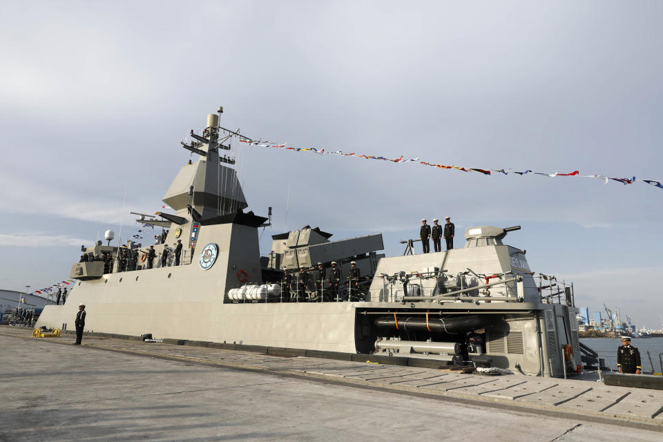 In this picture released by the official website of the Iranian Army on Monday, Nov. 27, 2023, Deilaman destroyer is docked during a ceremony marking its inauguration in a naval base in the Caspian Sea, in northern Iran. Iran’s navy on Monday added a destroyer capable of launching cruise missiles to its Caspian Sea fleet, state media reported. The 1,400-ton Deilaman destroyer, named for a town in north of Iran, is 95 meters (312 feet) long and 11 meters (36 feet) wide and is able to launch torpedoes while traveling at 30 knots (56 kph, 35 mph), the state-owned IRNA news agency said. (Iranian Army via AP)