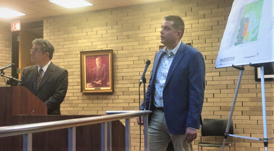 The Vineland Zoning Board on Wednesday night approved an automated car wash project at 141 North Lincoln Avenue, not far from Landis Avenue in East Vineland. Owner and operator Aaron Krenzer (right) of Buena Vista Township testifies standing alongside project attorney Stephen Barse. PHOTO: March 15, 2023.