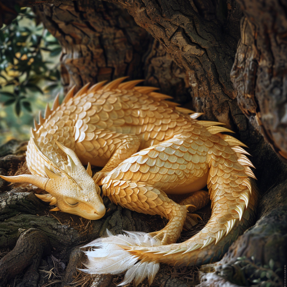 A small golden dragon curled up in a tree hollow