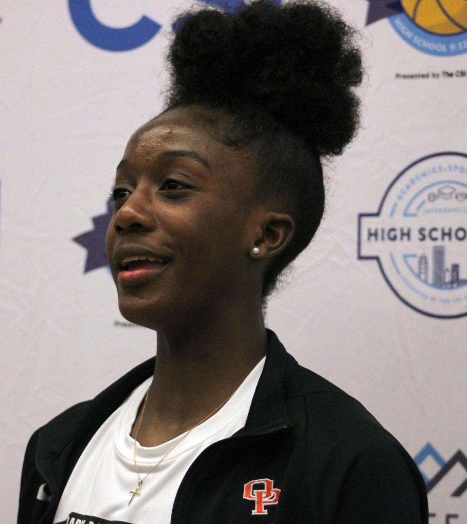 Orange Park junior Eris Lester speaks with reporters during the annual High School 9:12 Basketball Media Day on October 25, 2022. [Clayton Freeman/Florida Times-Union]