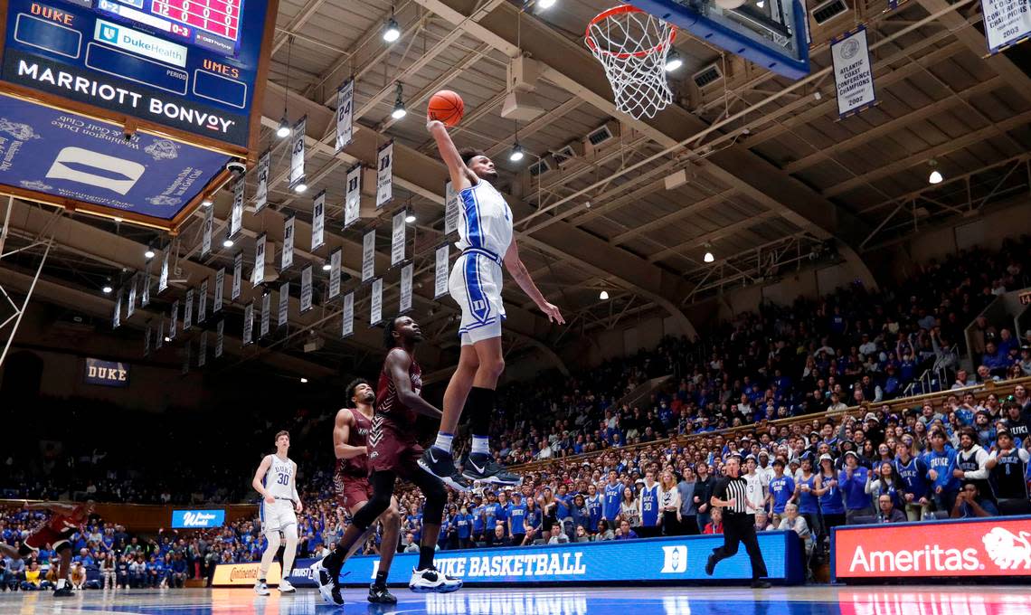 Duke’s Dereck Lively II (1) heads to slam in two during Duke’s 82-55 victory over Maryland-Eastern Shore at Cameron Indoor Stadium in Durham, N.C., Saturday, Dec. 10, 2022.
