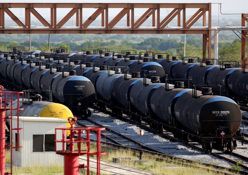 Oil tanker railcars of Mexican state oil firm Pemex's are pictured at Cadereyta refinery, in Cadereyta