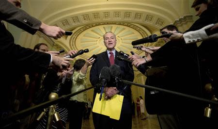 U.S. Chuck Schumer (D-NY) speaks to the press after Republican Senator Ted Cruz (not Pictured) held a marathon attack on "Obamacare" at the U.S. Capitol in Washington, September 25, 2013. REUTERS/Jason Reed (UNITED STATES - Tags: POLITICS)