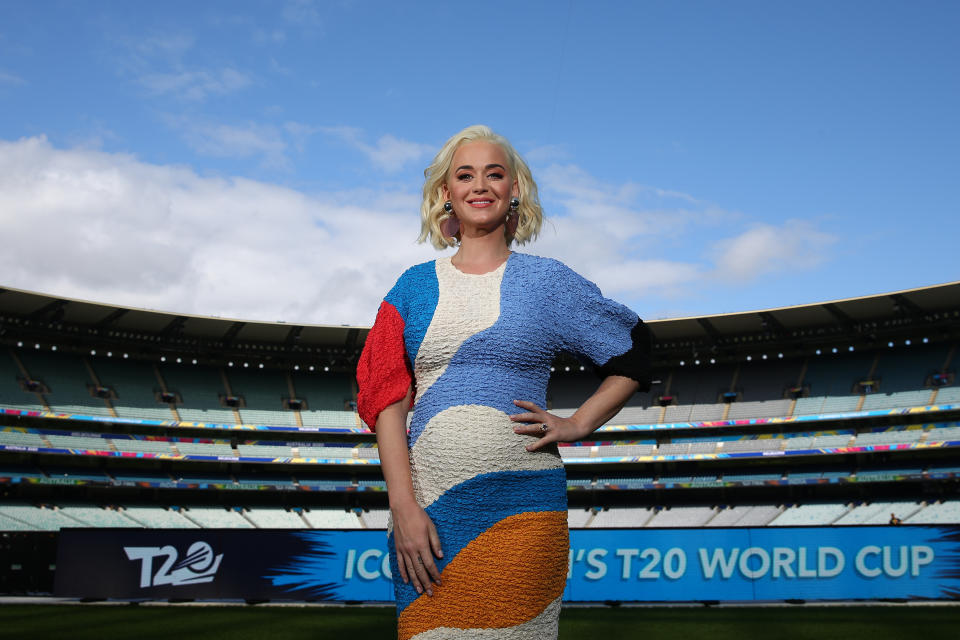 Ahead of the singer's performance at the ICC Women's T20 Cricket World Cup Final, she wore a multi-coloured midi by Mara Hoffman. The dress known as "The Freya" is on a limited run on the designer's website for £836.99. The lenzing modal woven material is perfect for a growing bump. (Getty Images)