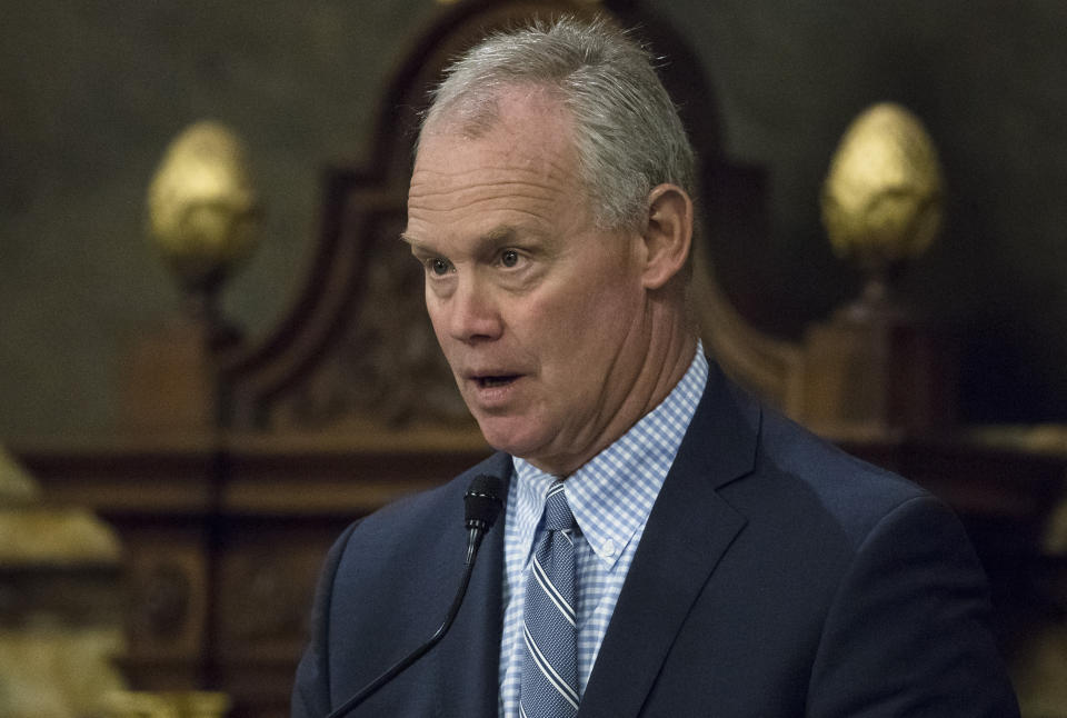 House Speaker Mike Turzai, R-Allegheny, speaks before Pennsylvania lawmakers who came together in an unusual joint session to commemorate the victims of the Pittsburgh synagogue attack that killed 11 people last year, Wednesday, April 10, 2019, at the state Capitol in Harrisburg, Pa. (AP Photo/Matt Rourke)