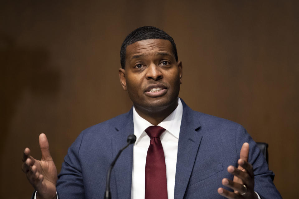 Administrator of the Environmental Protection Agency nominee Michael Regan, speaks during his confirmation hearing before the Senate Environment and Public Works committee on Capitol Hill in Washington, Wednesday, Feb. 3, 2021. (Caroline Brehman/Pool via AP)