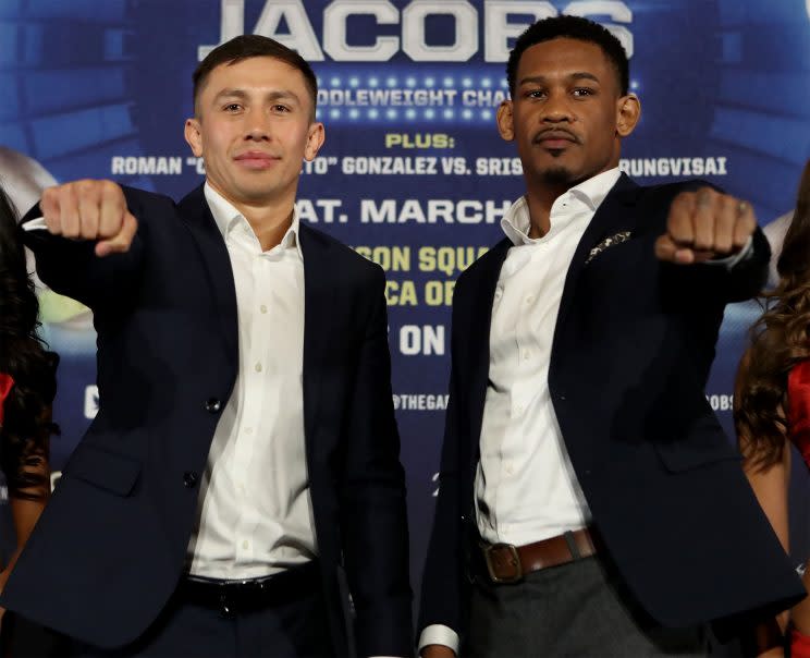 Gennady Golovkin and Daniel Jacobs pose ahead of their bout Saturday at Madison Square Garden for the unified middleweight title. (Tom Hogan/K2 Promotions)