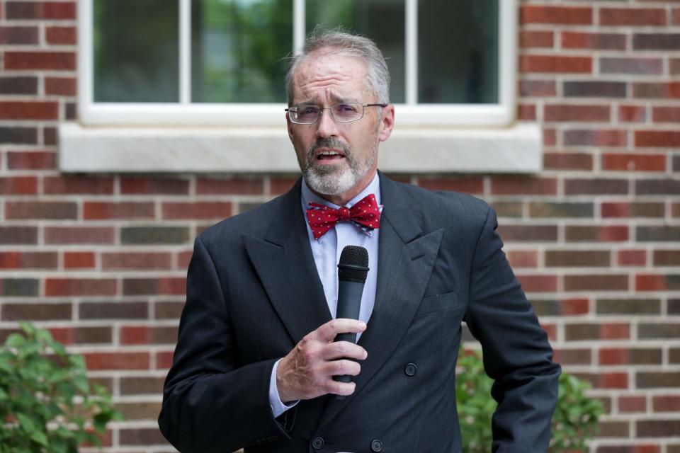 Larry Oates, president of the West Lafayette Redevelopment Commission, speaks during the grand opening of Sonya L. Margerum City Hall, Friday, Aug. 13, 2021 in West Lafayette. Margerum, who died in 2019, served as West Lafayette's mayor for 24 years.