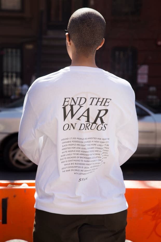 Shaw "End the War on Drugs" long-sleeve, $45, <a href="https://www.shopshawbk.com/shop/end-the-war-on-drugs-long-sleeve" rel="nofollow noopener" target="_blank" data-ylk="slk:available here;elm:context_link;itc:0;sec:content-canvas" class="link ">available here</a>.