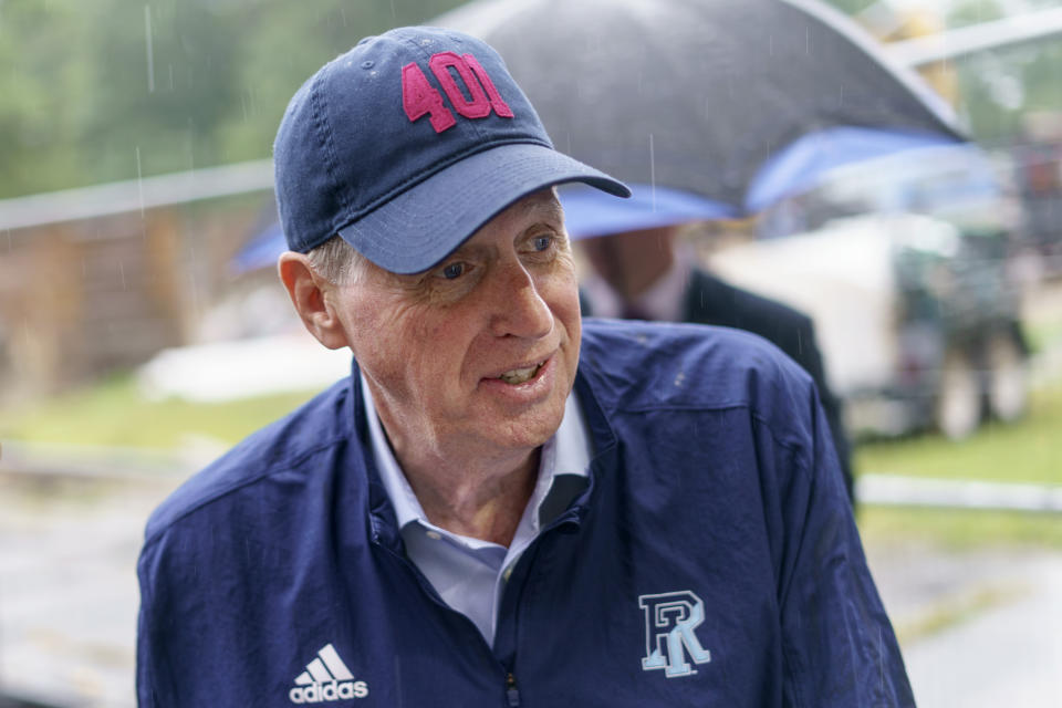 Rhode Island Gov. Dan McKee arrives to cast his vote in the state's primary election at the Community School, Tuesday, Sept. 13, 2022, in Cumberland, R.I. (AP Photo/David Goldman)