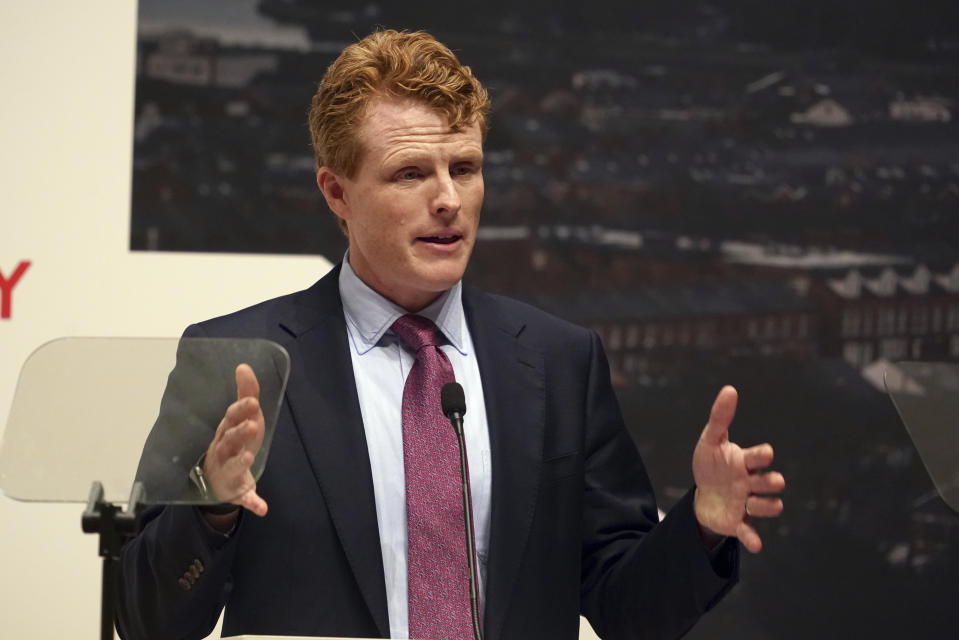 US Special Envoy to Northern Ireland for Economic Affairs, Congressman Joe Kennedy III speaks during the international conference to mark the 25th anniversary of the Belfast/Good Friday Agreement, at Queen's University Belfast, Wednesday April 19, 2023. (Brian Lawless/PA pool via AP)