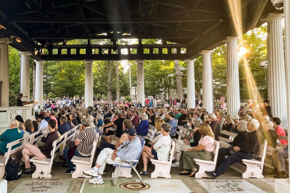 People gather at an evening vigil for author Salman Rushdie after was attacked, Friday Aug. 12, 2022, in Chautauqua (Copyright 2022 The Associated Press. All rights reserved.)