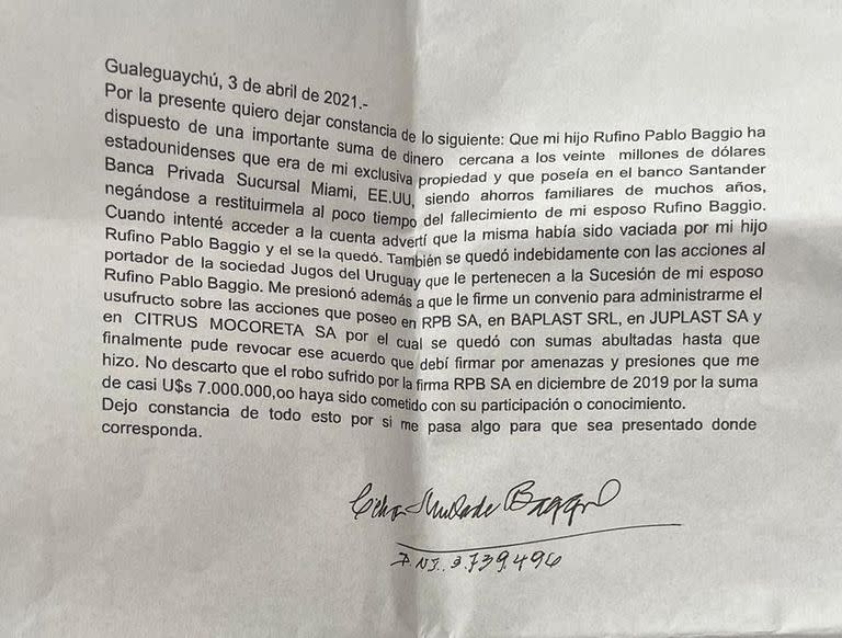 La carta de la madre de los Baggio