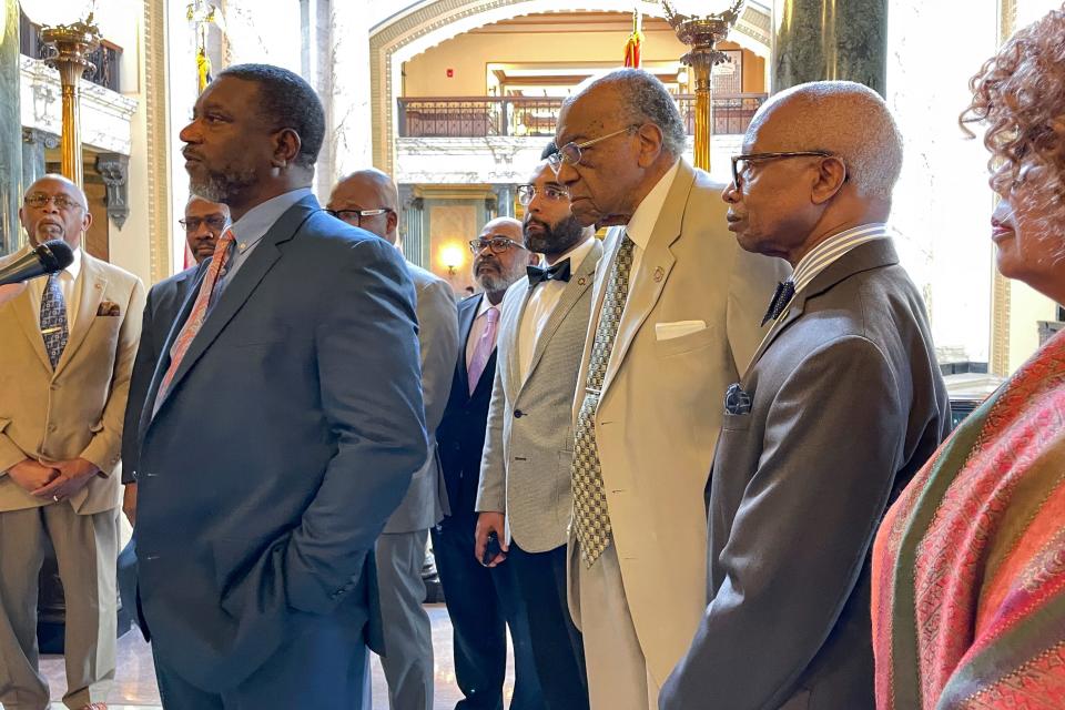 Mississippi state Sen. Juan Barnett, D-Heidelberg, left, speaks at a news conference Wednesday, March 29, 2023, at the state Capitol in Jackson, Miss., while surrounded by other members of the Legislative Black Caucus. Several caucus members denounced a vote by the Republican-led Senate to reject the nomination of Robert P. Taylor as Mississippi superintendent of education. Taylor would have been the second Black person to hold the job.