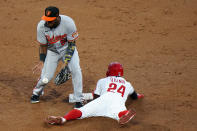 Philadelphia Phillies' Roman Quinn, right, steals second past Baltimore Orioles second baseman Hanser Alberto during the second inning of a baseball game, Wednesday, Aug. 12, 2020, in Philadelphia. (AP Photo/Matt Slocum)