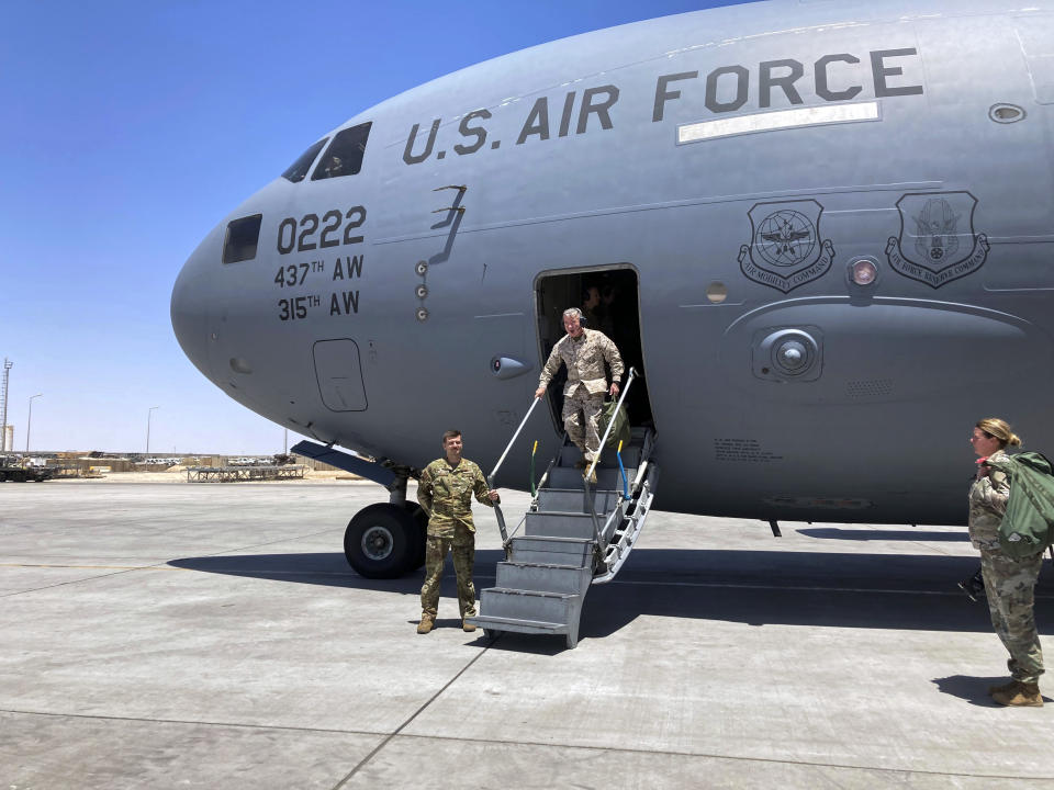 In this Thursday, May 20, 20201, photo Marine Gen. Frank McKenzie, the top U.S. commander for the Middle East, arrives in Baghdad. (AP Photo/Lolita C. Baldor)