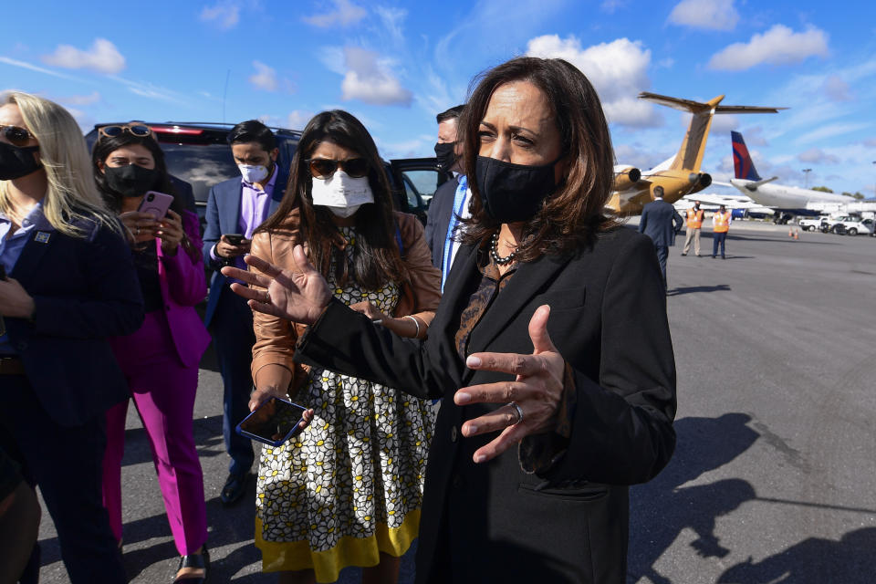 Democratic vice presidential candidate Sen. Kamala Harris, D-Calif., addresses reporters before a campaign event, Friday, Oct. 23, 2020, in Atlanta. (AP Photo/John Amis)