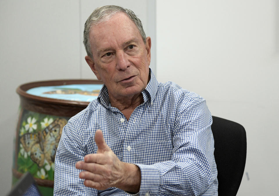 FILE - In this Feb. 8, 2019 file photo, former New York City Mayor Michael Bloomberg answers a question during an interview with The Associated Press in Orlando, Fla. Bloomberg, the billionaire former mayor of New York City, is opening the door to a 2020 presidential campaign. Bloomberg announced earlier this year that he would not seek the Democratic nomination. But in a statement, his political adviser Howard Wolfson says Bloomberg is worried that the current crop of Democratic presidential candidates is “not well positioned” to defeat President Donald Trump.(AP Photo/Phelan M. Ebenhack, File)