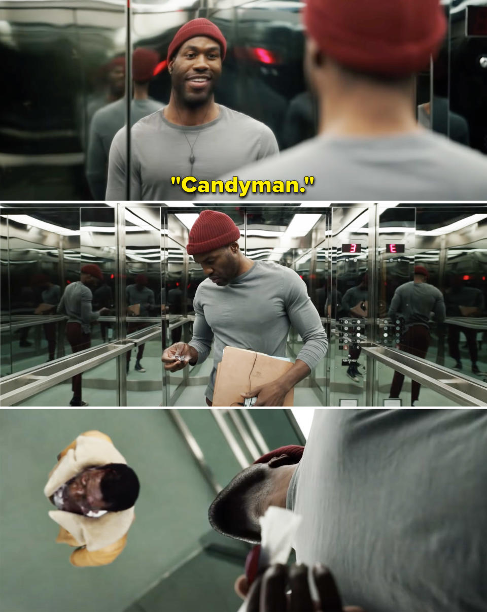 Anthony looking in the mirror in an elevator and saying "Candyman"