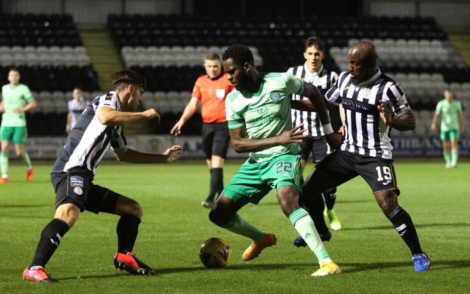 Celtic's Odsonne Edouard (centre) battles for the ball with St Mirren's Conor McCarthy (left) and Junior Morias during the Scottish Premiership match at the Simple Digital Arena - PA