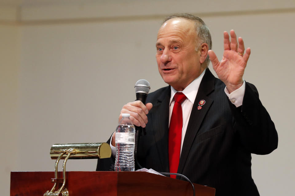 U.S. Rep. Steve King, R-Iowa, speaks during a town hall meeting, Saturday, Jan. 26, 2019, in Primghar, Iowa. This is the first of 39 town hall meetings the Iowa congressman plans to hold following his nearly unanimous rebuke by the U.S. House over racist comments he made during a newspaper interview earlier in the month. (AP Photo/Charlie Neibergall)