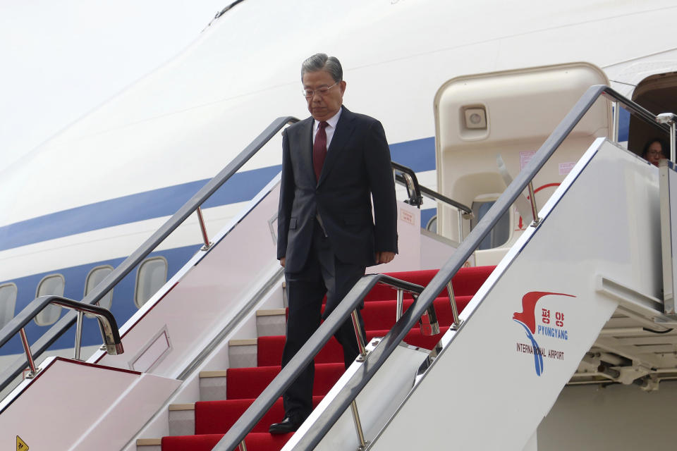 Zhao Leji, chairman of the National People’s Congress of China and considered the No. 3 official in the ruling Communist Party, and other delegates arrive at the Pyongyang International Airport in Pyongyang, North Korea, Thursday, April 11, 2024. (AP Photo/Cha Song Ho)