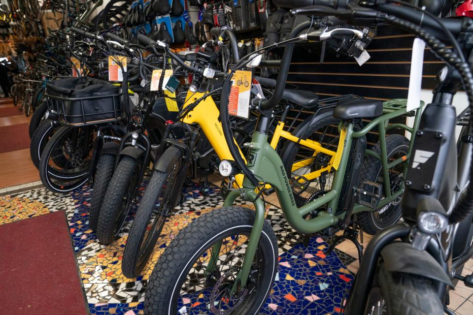 The Downtown Ferndale Bike Shop has a number of electric bikes for sale in his shop on Tuesday, March 19, 2024.