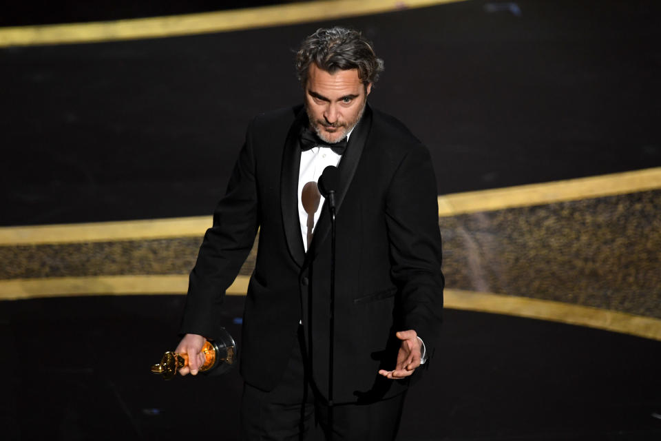 HOLLYWOOD, CALIFORNIA - FEBRUARY 09: Joaquin Phoenix accepts the Actor In A Leading Role award for 'Joker' onstage during the 92nd Annual Academy Awards at Dolby Theatre on February 09, 2020 in Hollywood, California. (Photo by Kevin Winter/Getty Images)