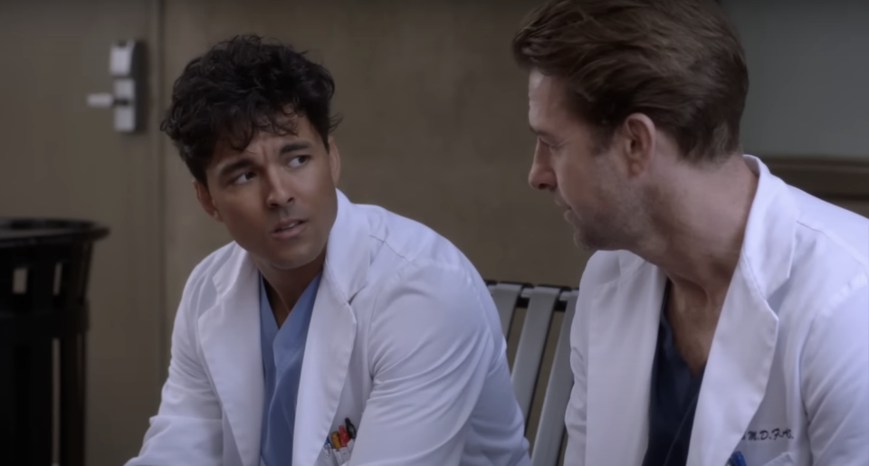 Dr Lucas Adams and Dr Nick Marsh on Grey's Anatomy looking at each other and looking serious