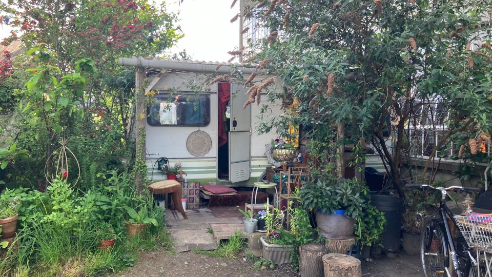 A caravan surrounded by plant life