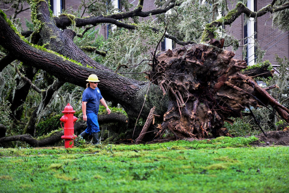 A worker repairs energy lines during a power outage after Hurricane Ian passed through the area on September 29, 2022 in Bartow, Florida. / Credit: Getty Images