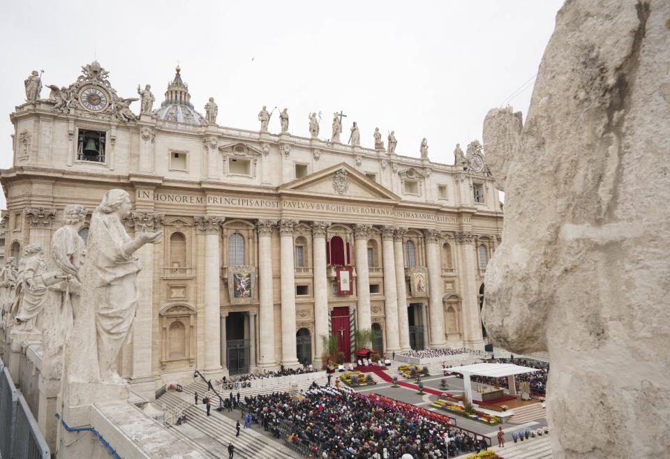 Pope Francis celebrates Easter Mass in St. Peter's Square at the Vatican, Sunday, April 21, 2019. (AP Photo/Andrew Medichini)