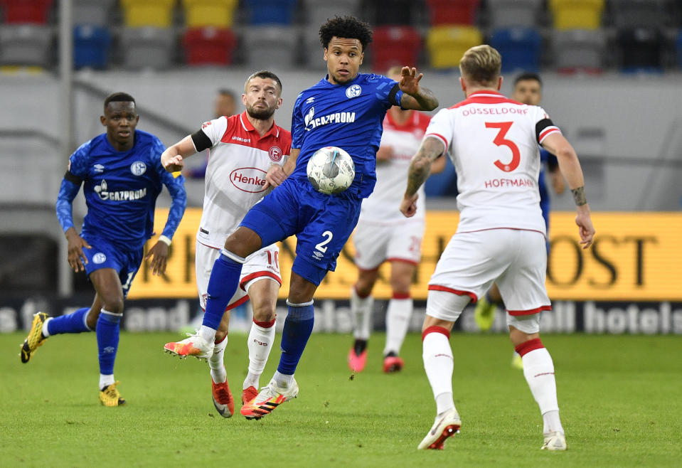 U.S. midfielder Weston McKennie (center) scored Schalke's first goal since the Bundesliga season resumed. (Martin Meissner/Getty Images)