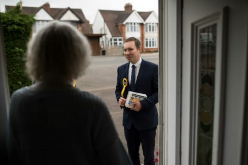 'People who don't want to see a big victory for the Brexit Party need to coalesce around one party,' says East Midlands Liberal Democrat candidate Michael Mullaney (shown canvassing in the central town of Hinckley)