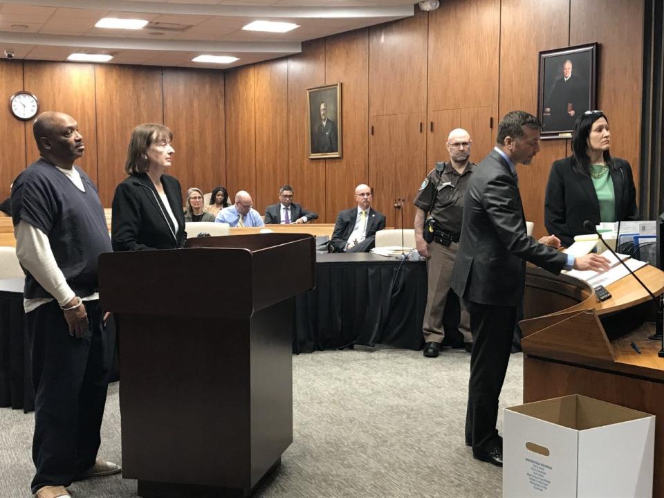 Arthur Williamson, far left, stands with his attorney, Assistant Public Defender Joan Morgan, and near Assistant Prosecutors Steve Fox and Stephanie Stager before pleading no contest in Macomb County Circuit Court on April 20, 2023, in the September 2022 slaying of former WWJ overnight anchor Jim Matthews and in an attack on Matthews' family.