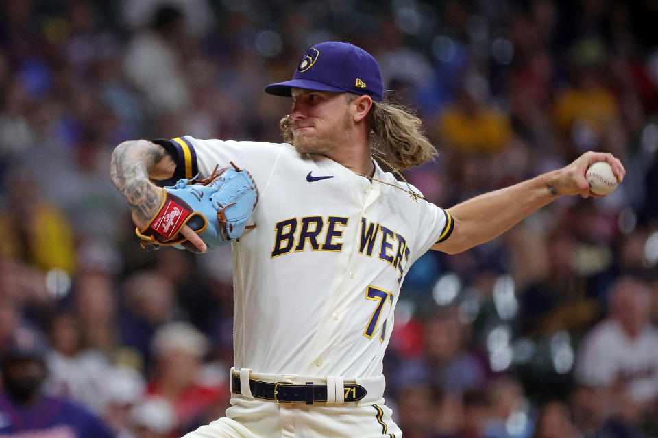 MILWAUKEE, WISCONSIN - JULY 26: Josh Hader #71 of the Milwaukee Brewers throws a pitch during a game against the Minnesota Twins at American Family Field on July 26, 2022 in Milwaukee, Wisconsin. (Photo by Stacy Revere/Getty Images)