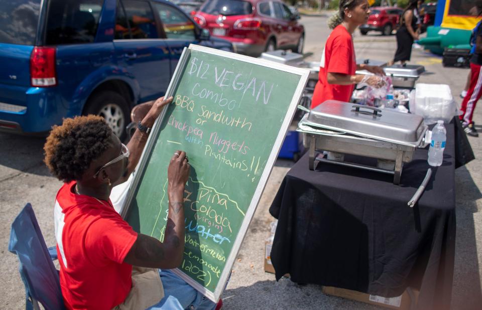 A menu being put together for a vegan counter at one of the Juneteenth events in Indianapolis, Friday, June 19, 2020. The event recognizes the end of slavery in Texas, two years after the Emancipation Proclamation. 