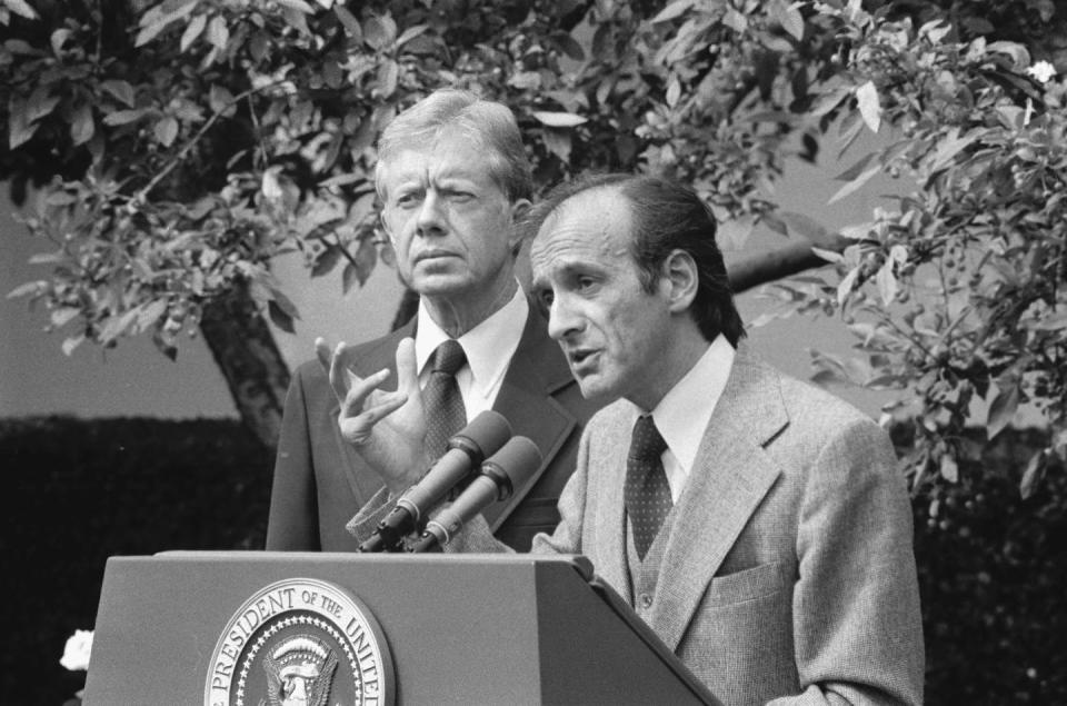 <span class="caption">Elie Wiesel, chairman of the President’s Commission on the Holocaust, spoke about the Holocaust and presented President Carter with the panel’s final report. Carter vowed that a U.S. memorial would be built.</span> <span class="attribution"><a class="link " href="https://www.gettyimages.com/detail/news-photo/elie-wiesel-chairman-of-the-presidents-commission-spoke-news-photo/515124534?adppopup=true" rel="nofollow noopener" target="_blank" data-ylk="slk:Bettmann/Getty;elm:context_link;itc:0;sec:content-canvas">Bettmann/Getty</a></span>