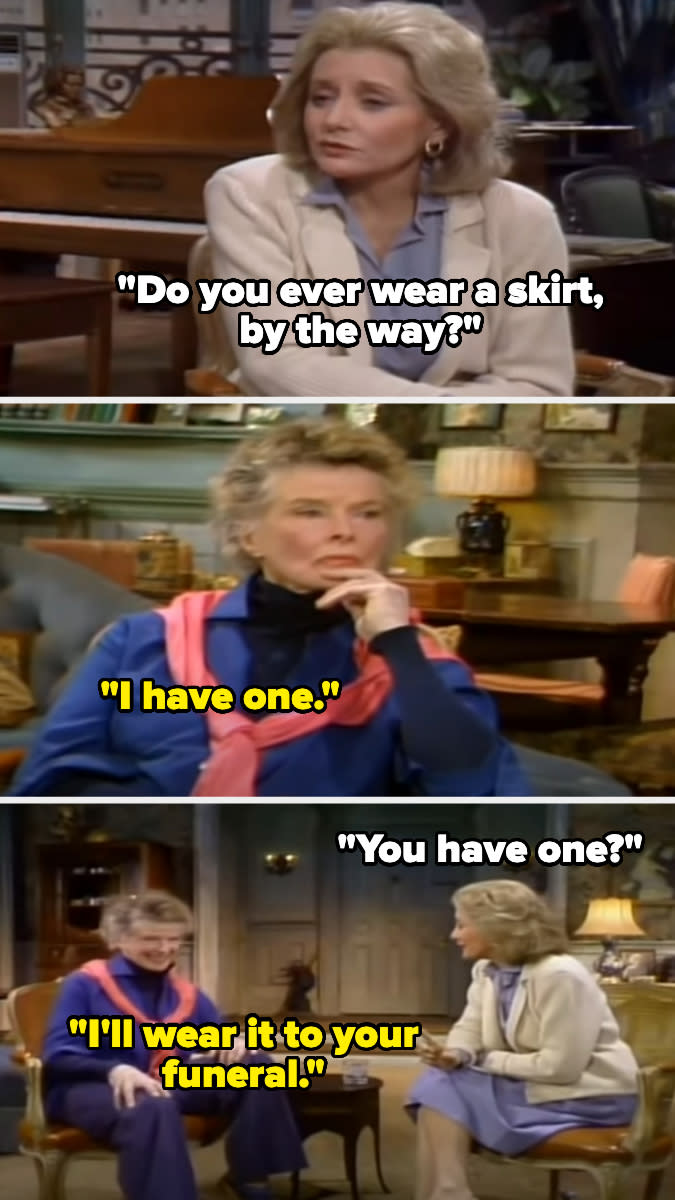 Three-panel image from a TV show with characters in conversation. Text in first panel: "Do you ever wear a skirt, by the way?" Second panel: "I have one." Third panel: "You have one?" "I'll wear it to your funeral!"