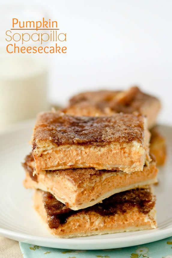 <p>These bars pair the flaky cinnamon pastry with creamy cheesecake filling. </p><p><strong>Get the recipe at <a href="http://www.confessionsofacookbookqueen.com/pumpkin-sopapilla-cheesecake-bars/" rel="nofollow noopener" target="_blank" data-ylk="slk:Confessions of a Cookbook Queen;elm:context_link;itc:0;sec:content-canvas" class="link ">Confessions of a Cookbook Queen</a>.</strong> </p>