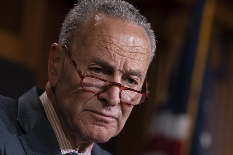 Senate Minority Leader Chuck Schumer, D-N.Y., talks to reporters at the Capitol in Washington, Tuesday, June 18, 2019. (AP Photo/J. Scott Applewhite)